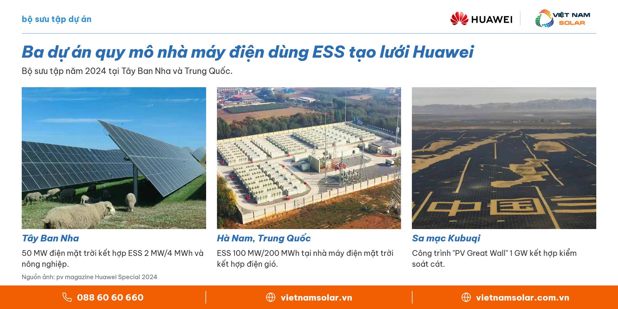 Ba dự án quy mô nhà máy điện dùng ESS tạo lưới Huawei – Huawei FusionSolar, Việt Nam Solar
