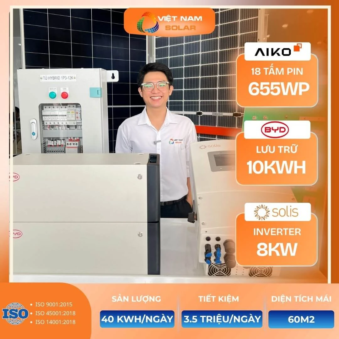 Hệ Hybrid 10kWp + 10kWh lưu trữ