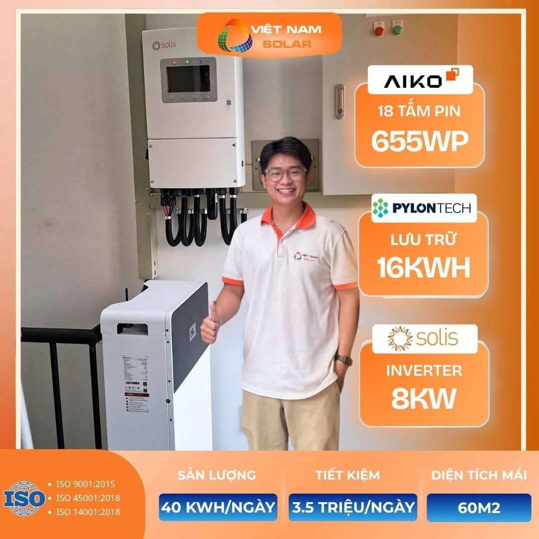 Hệ Hybrid 10kWp + 16kWh lưu trữ