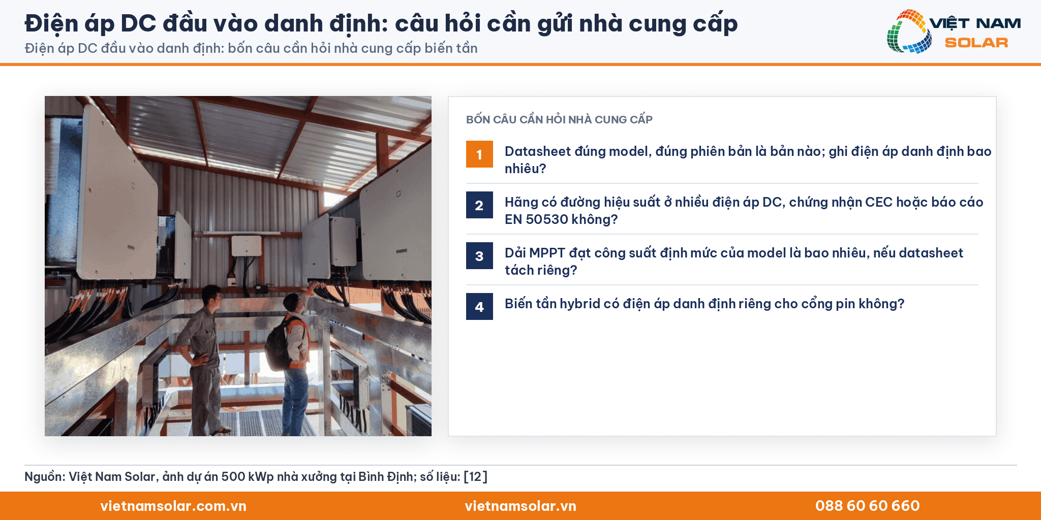 Điện áp DC đầu vào danh định: ảnh kỹ thuật viên tại công trình 500 kWp của Việt Nam Solar ở Bình Định, kèm bốn câu cần hỏi nhà cung cấp biến tần