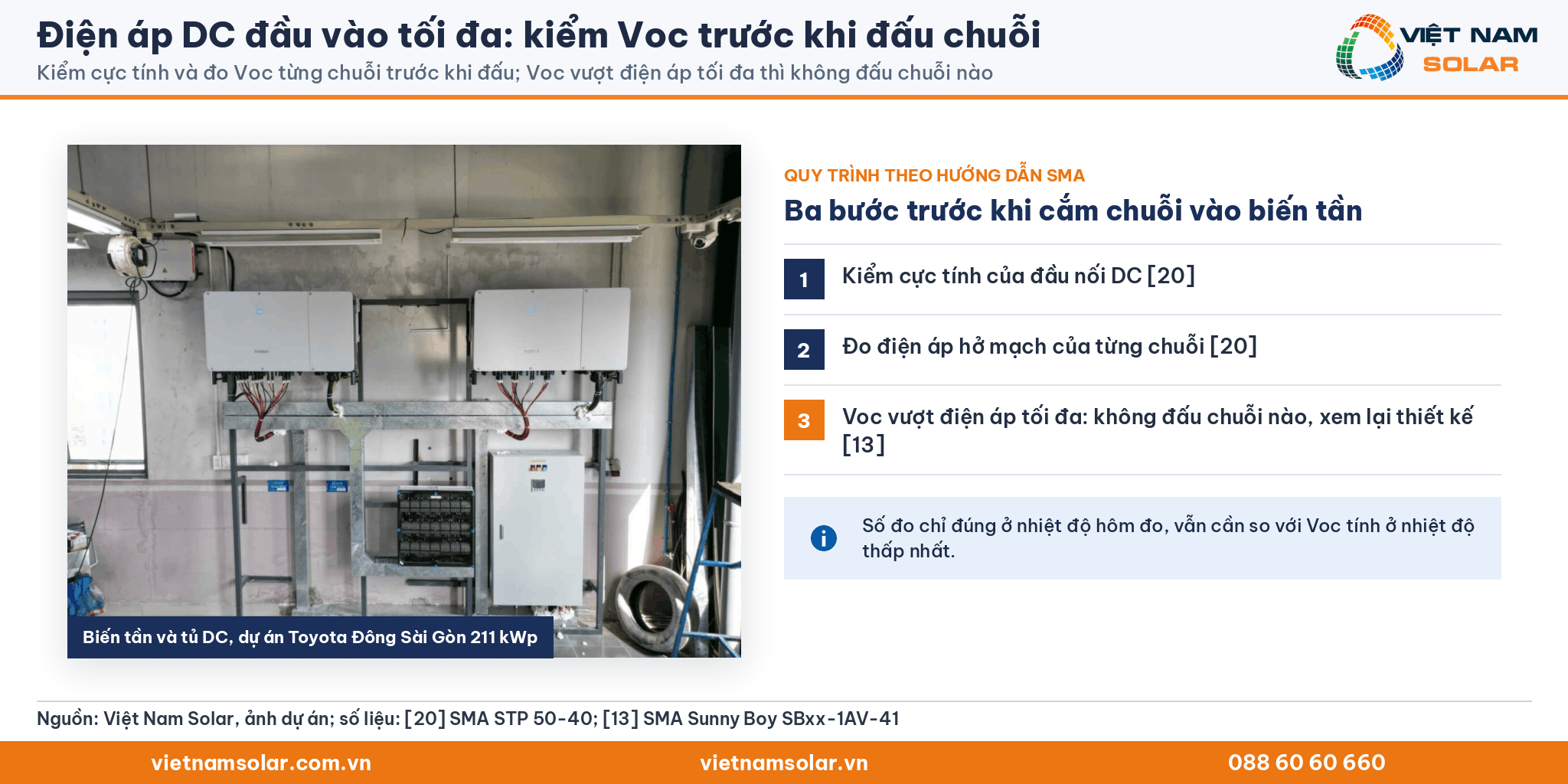 Điện áp DC đầu vào tối đa: ảnh biến tần và tủ DC tại công trình Toyota Đông Sài Gòn 211 kWp của Việt Nam Solar, kèm ba bước kiểm cực tính và đo Voc theo SMA