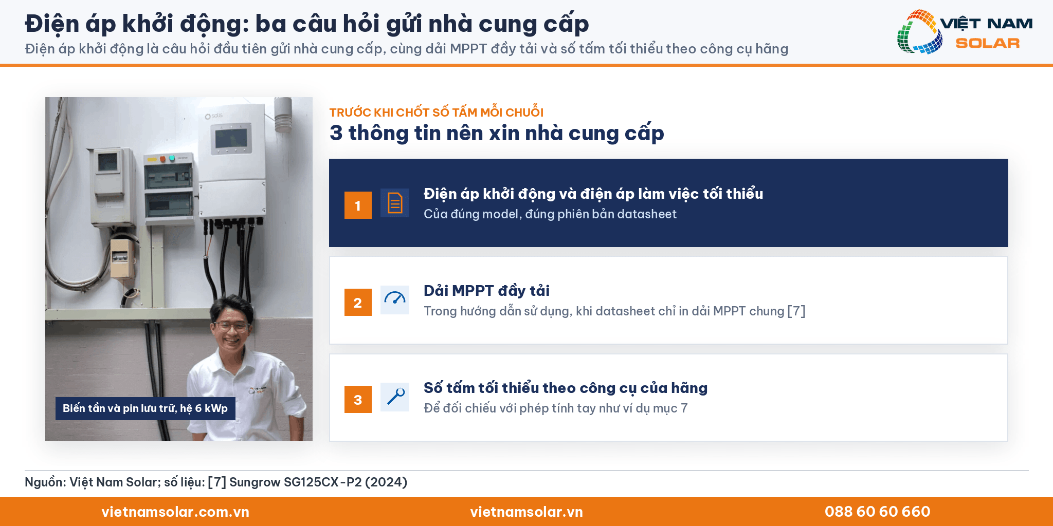 Điện áp khởi động, ảnh biến tần và pin lưu trữ hệ 6 kWp của Việt Nam Solar và ba thông tin cần xin nhà cung cấp: điện áp khởi động, dải MPPT đầy tải, số tấm tối thiểu