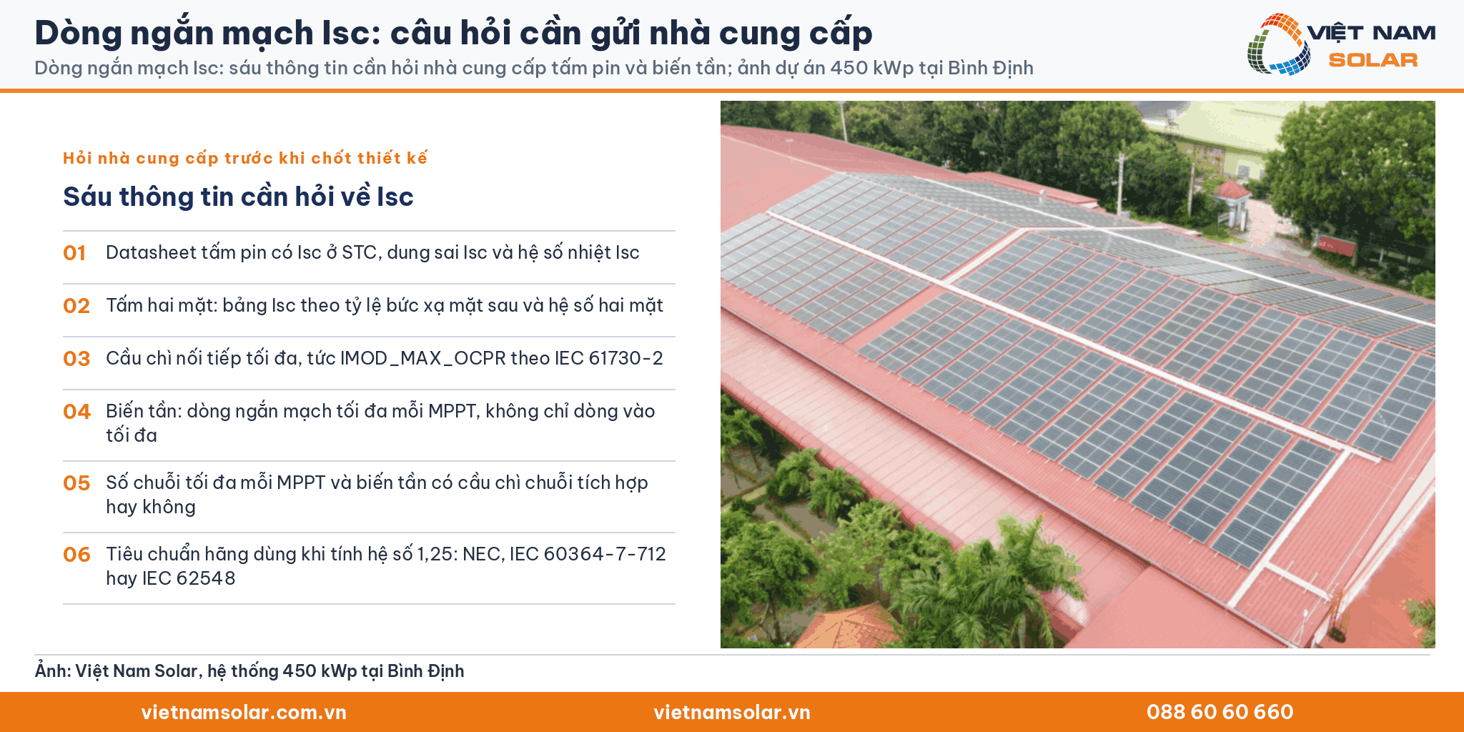 Dòng ngắn mạch Isc: ảnh mái nhà xưởng 450 kWp của Việt Nam Solar tại Bình Định, kèm sáu thông tin cần hỏi nhà cung cấp