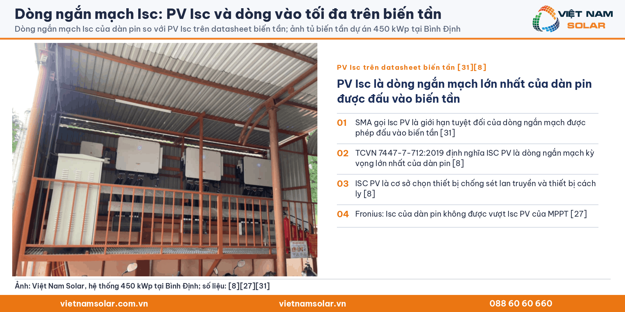 Dòng ngắn mạch Isc: ảnh dãy biến tần tại công trình 450 kWp của Việt Nam Solar ở Bình Định, kèm định nghĩa PV Isc