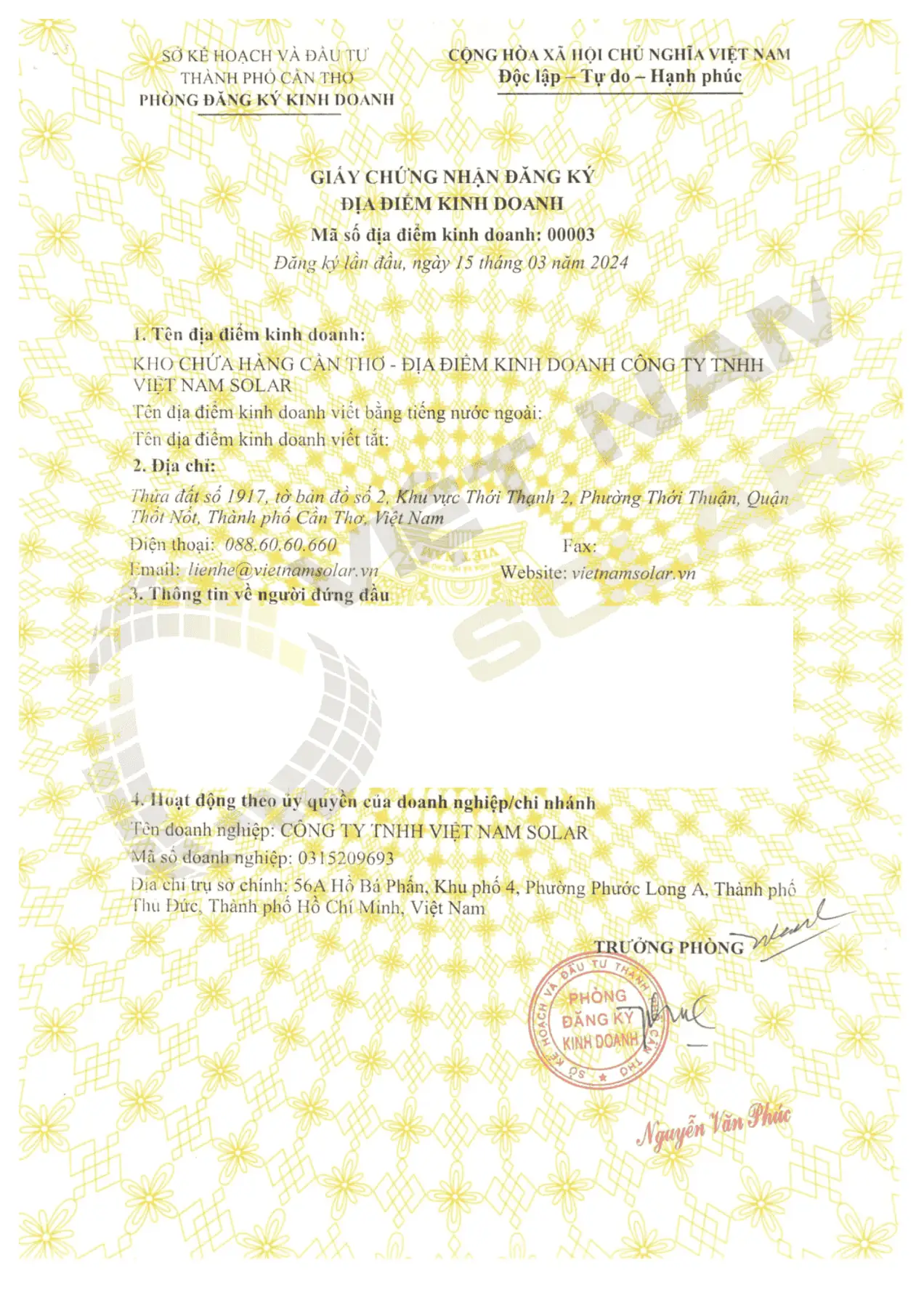 Đăng ký kinh doanh kho chứa hàng Thốt Nốt - Việt Nam Solar