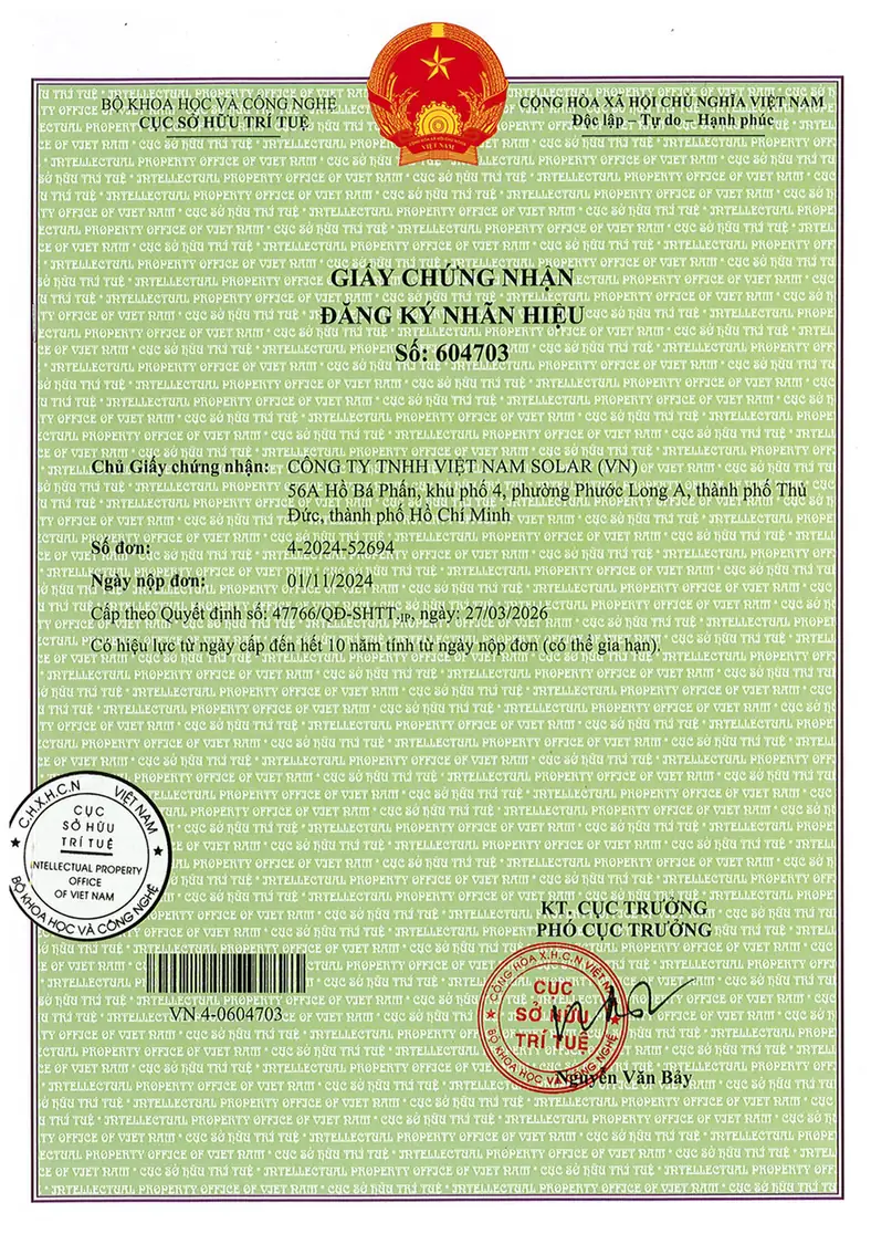 Văn bằng sở hữu trí tuệ - nhãn hiệu đăng ký độc quyền số VN-4-0604703 của Việt Nam Solar
