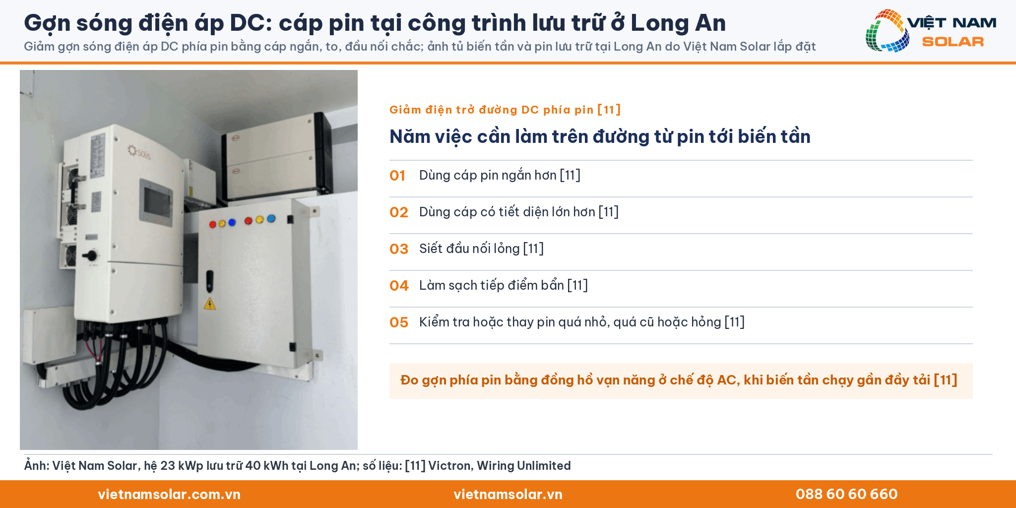 Gợn sóng điện áp DC: ảnh tủ biến tần và pin lưu trữ hệ 23 kWp tại Long An của Việt Nam Solar, kèm năm việc giảm điện trở đường DC