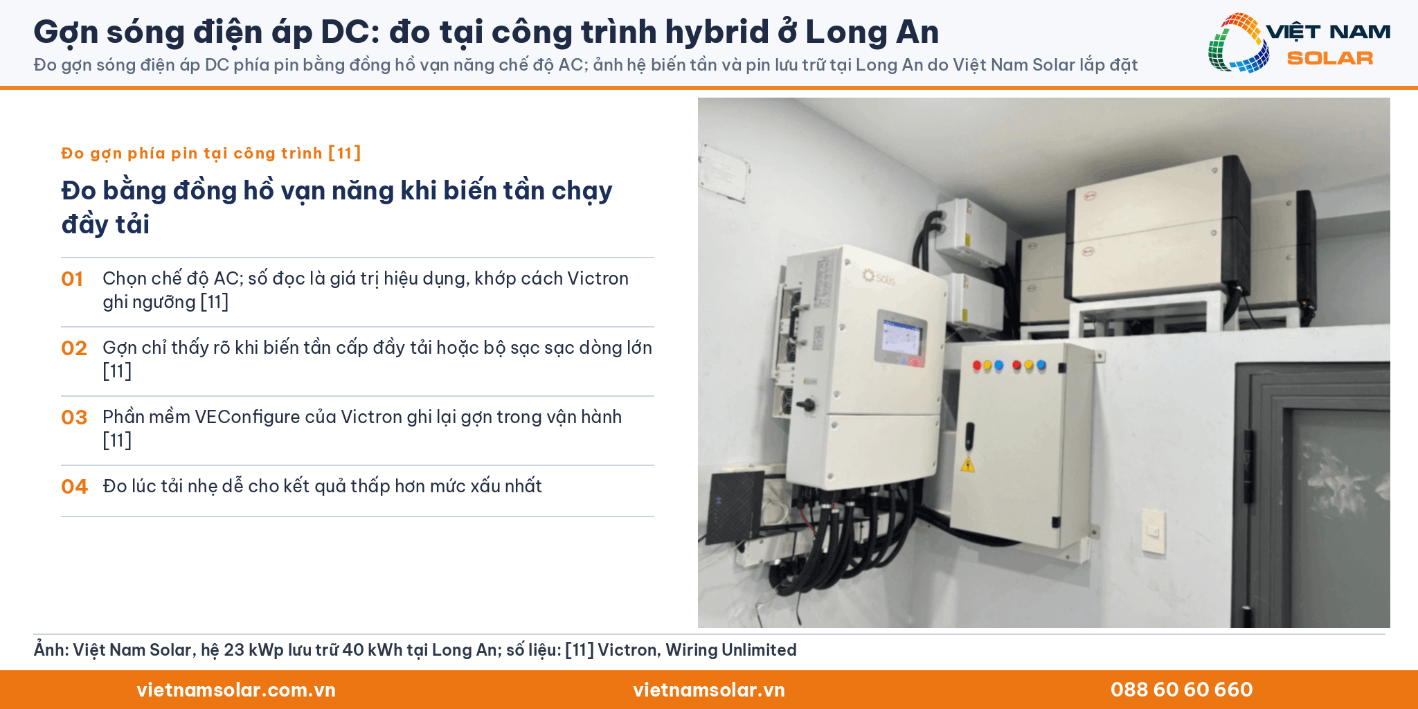 Gợn sóng điện áp DC: ảnh hệ biến tần và pin lưu trữ tại Long An của Việt Nam Solar, kèm cách đo gợn bằng đồng hồ vạn năng chế độ AC