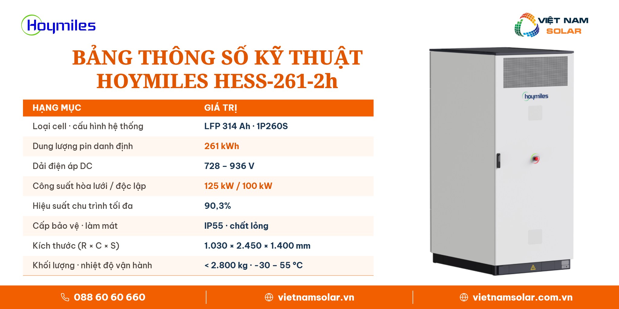 HESS-261-2h - Bess Hoymiles All In One Công Suất Inverter 125kW Lưu Trữ 261kWh: ảnh bảng thông số kỹ thuật hệ thống pin lưu trữ HESS-261-2h
