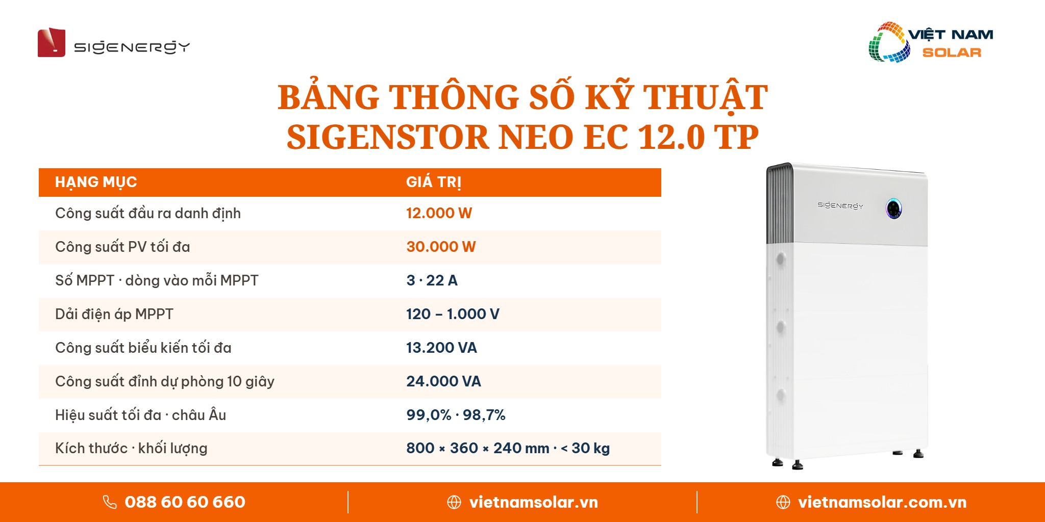 SigenStor Neo EC 12.0 TP - Inverter Đồng Bộ All In One Sigenergy 12kW 3 Pha 3 SigenStor Neo EC 12.0 TP - Inverter Hybrid 3 Pha Đồng Bộ Sigenergy 12kW: ảnh bảng thông số kỹ thuật inverter cho điện mặt trời có lưu trữ SigenStor Neo EC 12.0 TP