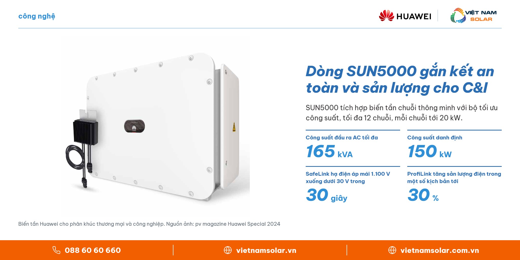 Dòng SUN5000 gắn kết an toàn và sản lượng cho C&I – Huawei FusionSolar, Việt Nam Solar